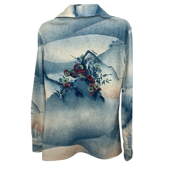 Vtg Blouse Loubella Extendables Floral Dagger Collar Polyester 70s Bird Small - Picture 2 of 8